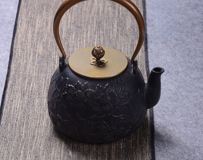 Cast Iron Peony Teapot Rose Gold Handle 1200ml Fe2+ Release
