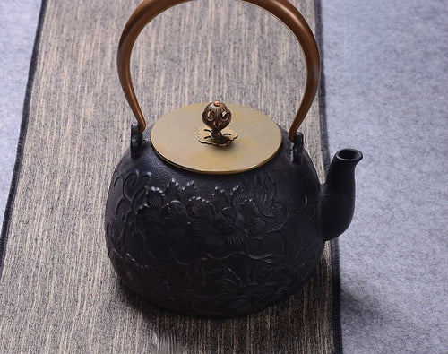 Cast Iron Peony Teapot Rose Gold Handle 1200ml Fe2+ Release