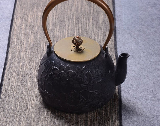 Cast Iron Peony Teapot Rose Gold Handle 1200ml Fe2+ Release