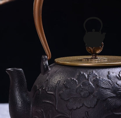 Cast Iron Peony Teapot Rose Gold Handle 1200ml Fe2+ Release