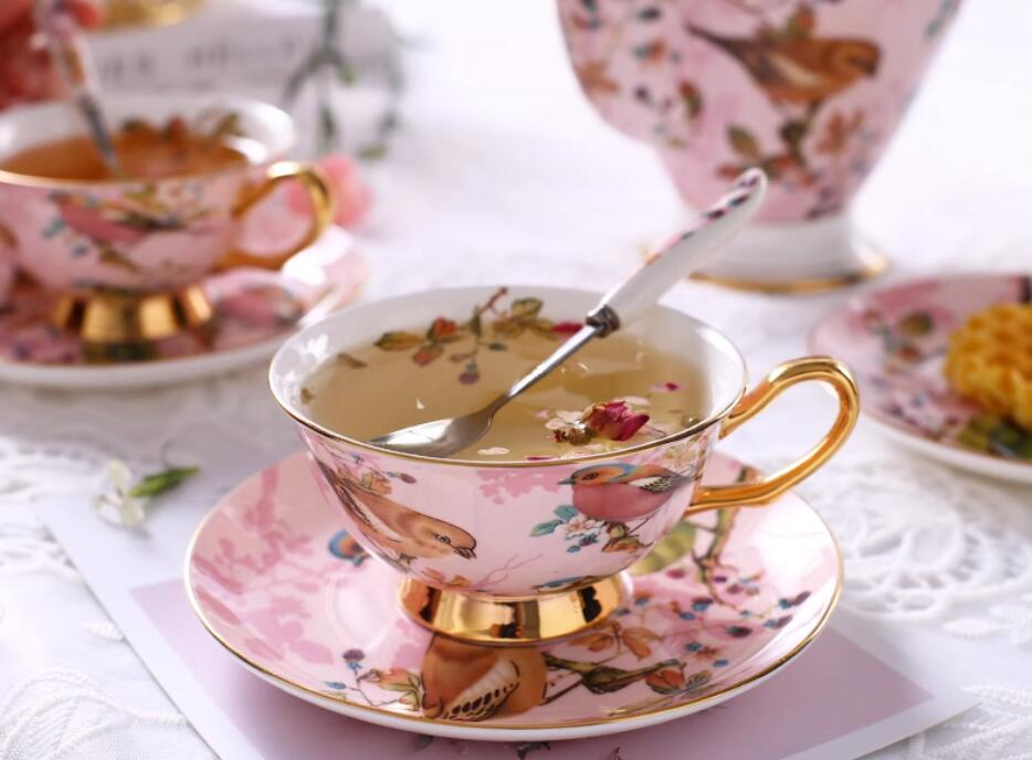 Bone China Tea Set Pink Birds Vintage 6 Cups Teapot Creamer