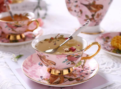 Bone China Tea Set Pink Birds Vintage 6 Cups Teapot Creamer