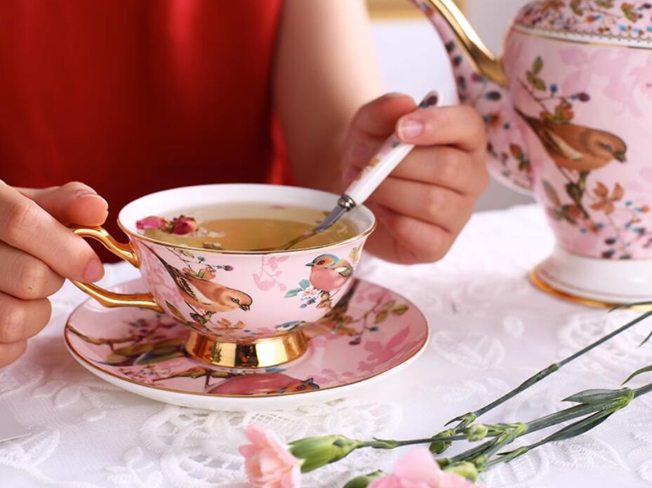 Bone China Tea Set Pink Birds Vintage 6 Cups Teapot Creamer