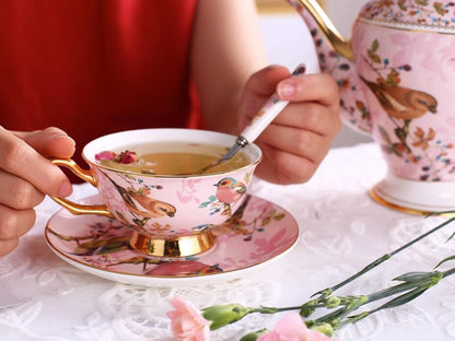 Bone China Tea Set Pink Birds Vintage 6 Cups Teapot Creamer