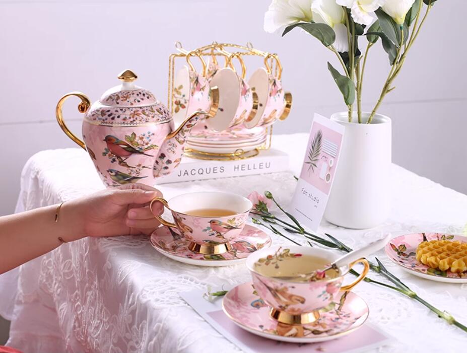 Bone China Tea Set Pink Birds Vintage 6 Cups Teapot Creamer
