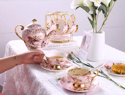 Bone China Tea Set Pink Birds Vintage 6 Cups Teapot Creamer