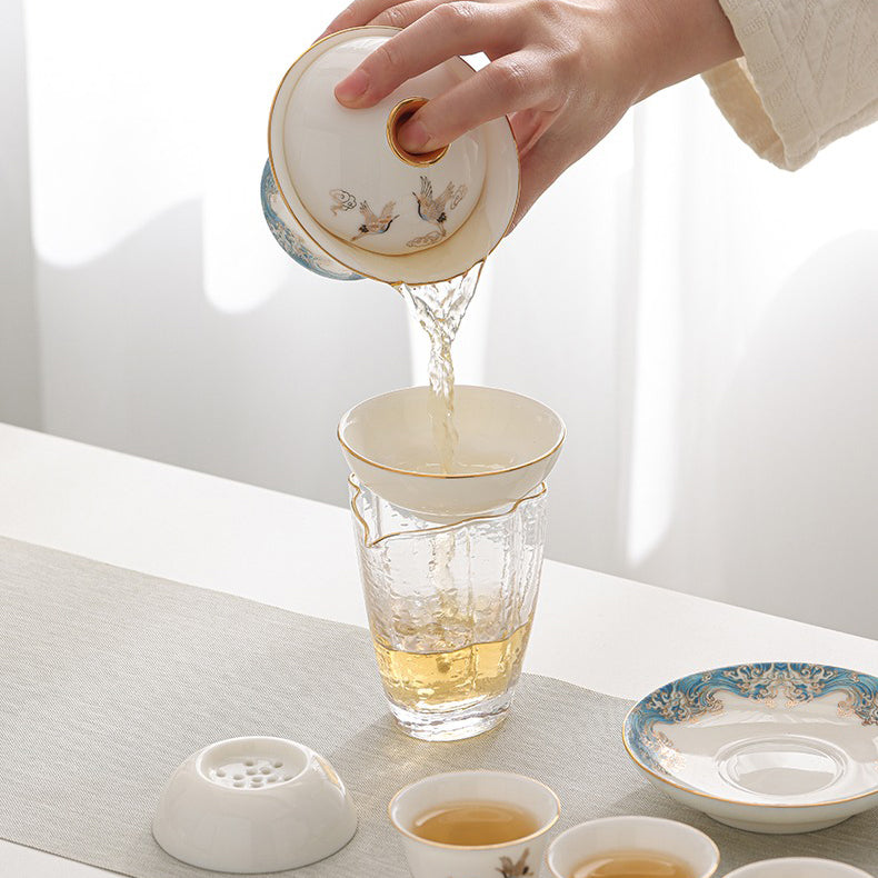 Dehua Suet Jade Porcelain Tea Set 11pc | Red-Crowned Crane