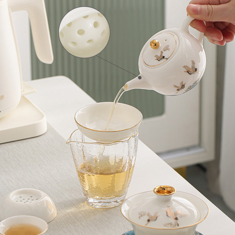 Dehua Suet Jade Porcelain Tea Set 11pc | Red-Crowned Crane