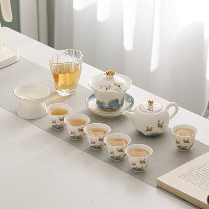 Dehua Suet Jade Porcelain Tea Set 11pc | Red-Crowned Crane