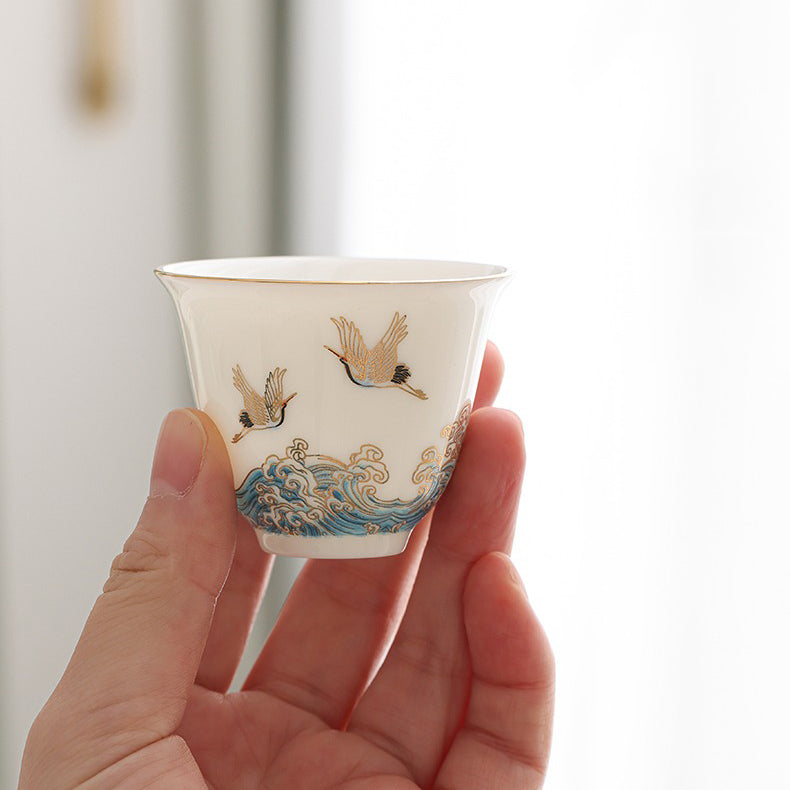 Dehua Suet Jade Porcelain Tea Set 11pc | Red-Crowned Crane