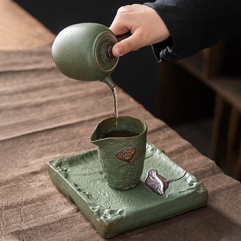 Lotus Tea Set Coarse Pottery Kyusu Teapot Cups Tray 6-Piece