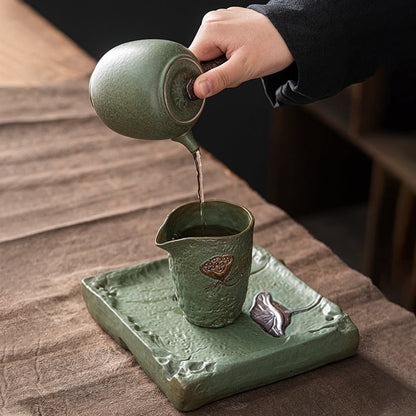 Lotus Tea Set Coarse Pottery Kyusu Teapot Cups Tray 6-Piece