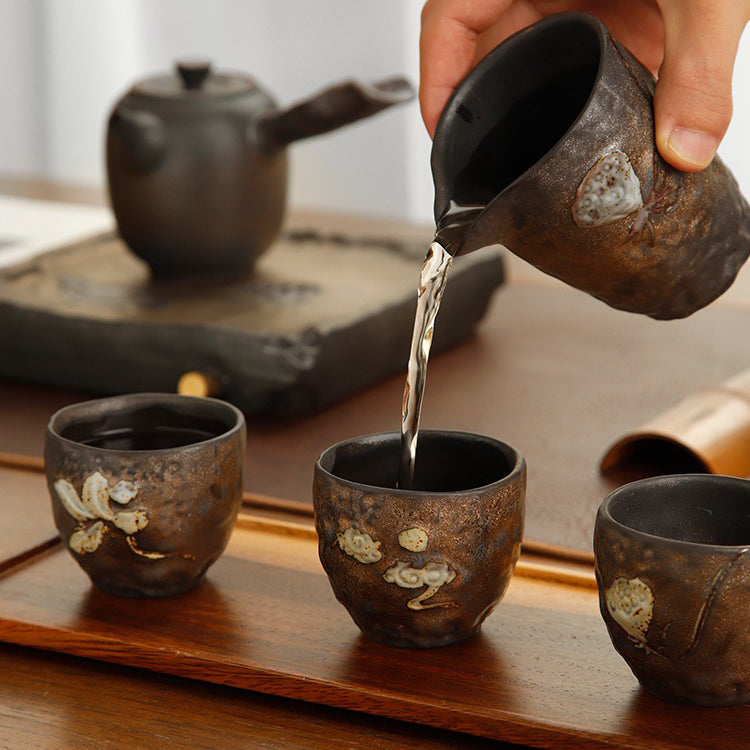 Lotus Tea Set – Hand-Carved Clay Teapot Set with Tray