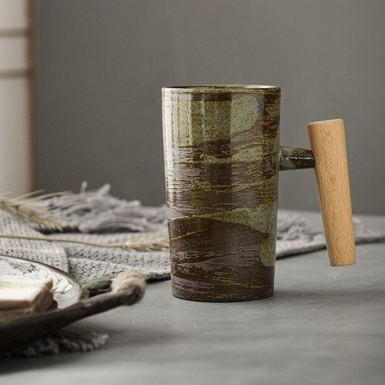 Ceramic Mug Wooden Handle Glaze Brush Vintage Green Brown