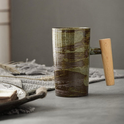 Ceramic Mug Wooden Handle Glaze Brush Vintage Green Brown