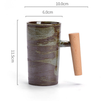 Ceramic Mug Wooden Handle Glaze Brush Vintage Green Brown