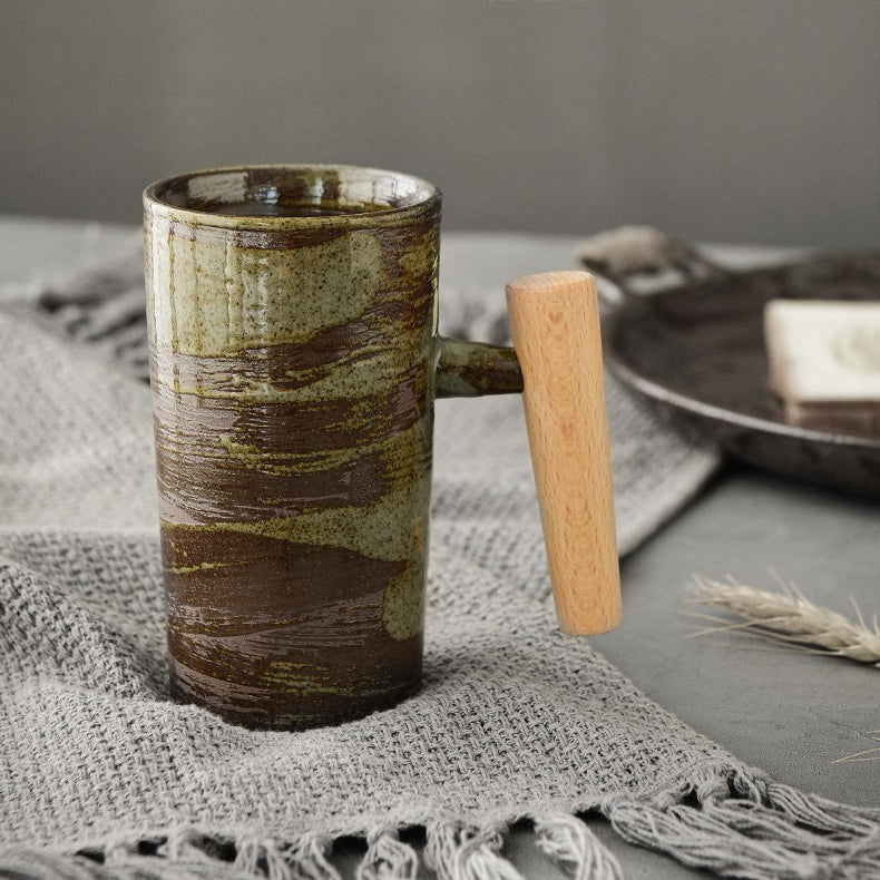 Ceramic Mug Wooden Handle Glaze Brush Vintage Green Brown