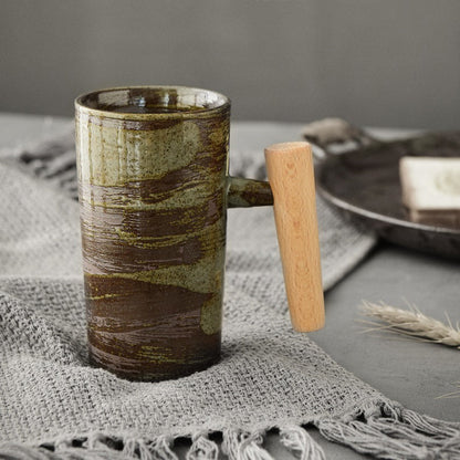 Ceramic Mug Wooden Handle Glaze Brush Vintage Green Brown