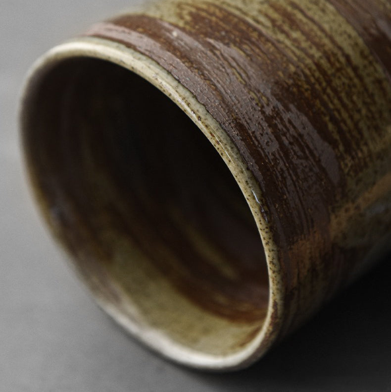 Ceramic Mug Wooden Handle Glaze Brush Vintage Green Brown