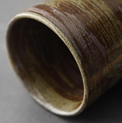 Ceramic Mug Wooden Handle Glaze Brush Vintage Green Brown