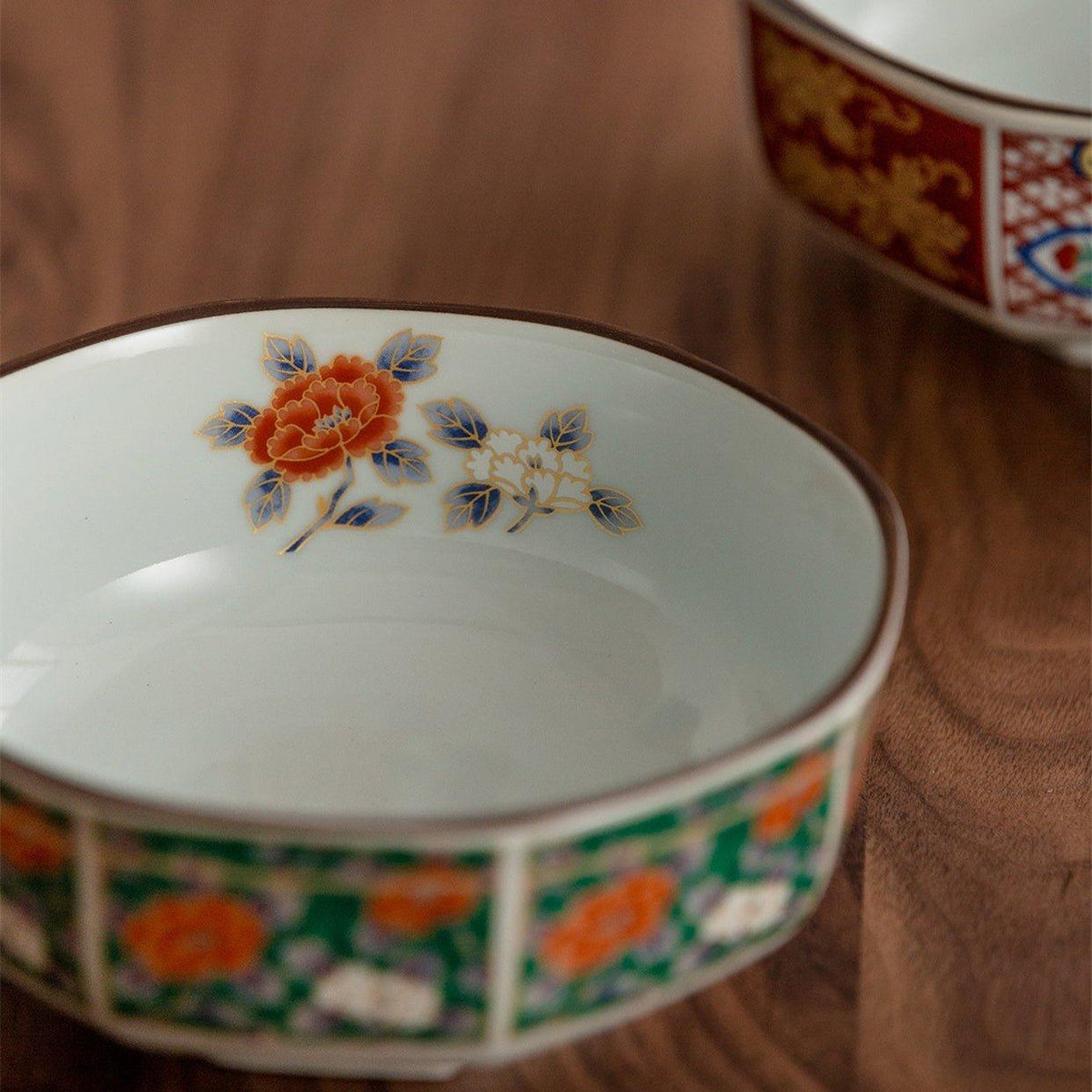 Bowl Set of 5 | Japanese Mino Ware Octagonal Court Brocade Ceramic Bowls