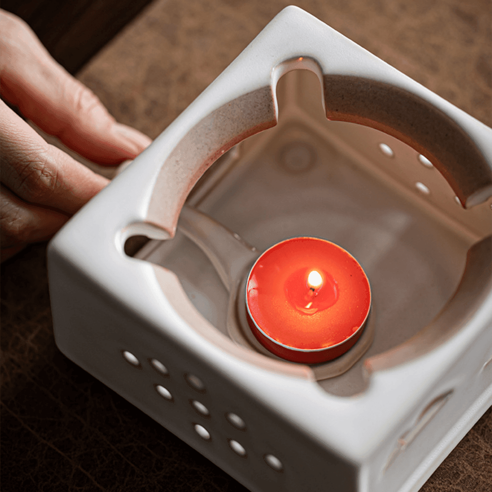 Ceramic Tea Kettle White Dimpled Candle Stove Warmer Set