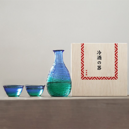 Sake Set | Handcrafted Glass Sake Set with Bottle & 2 Cups