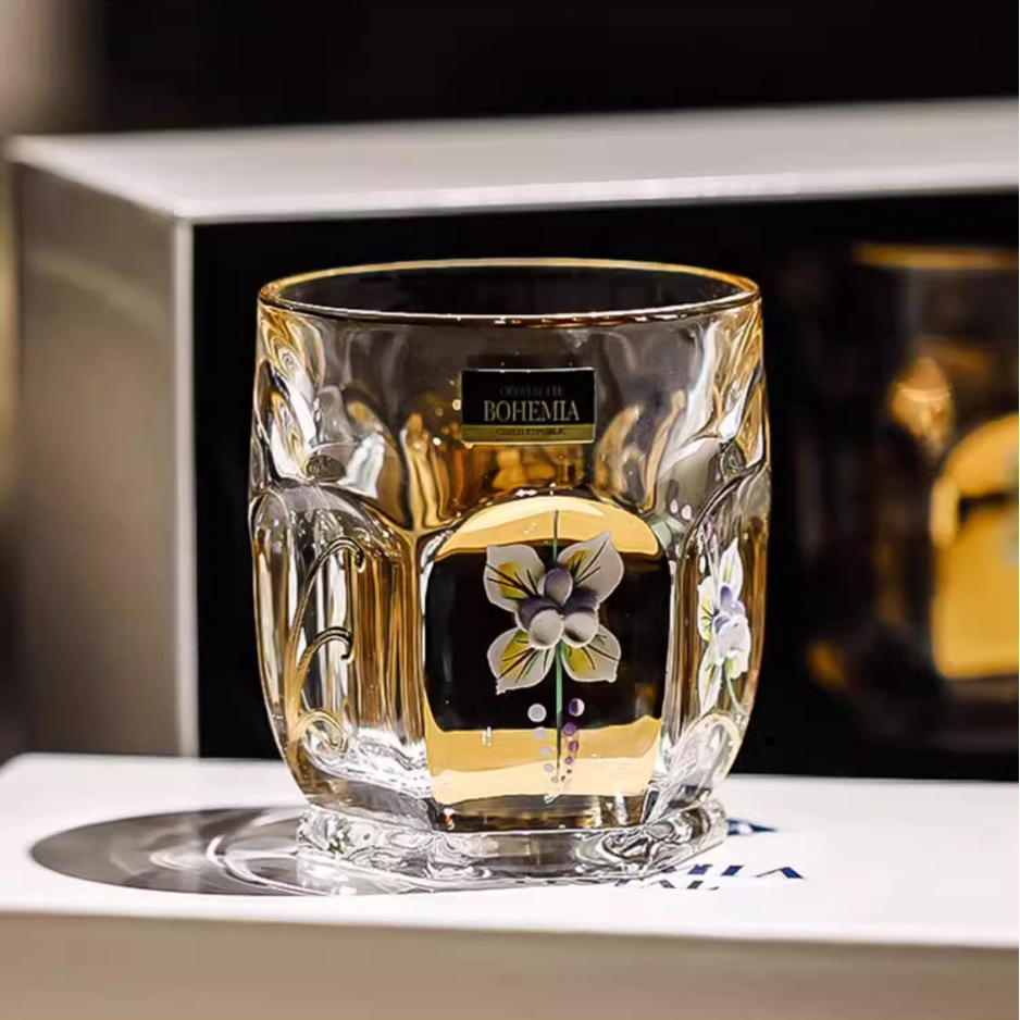 Whisky Glass Decanter Set Bohemia Gold Enamel Flower Czech Crystal Short Tall Whisky Glass Decanter Gift Box
