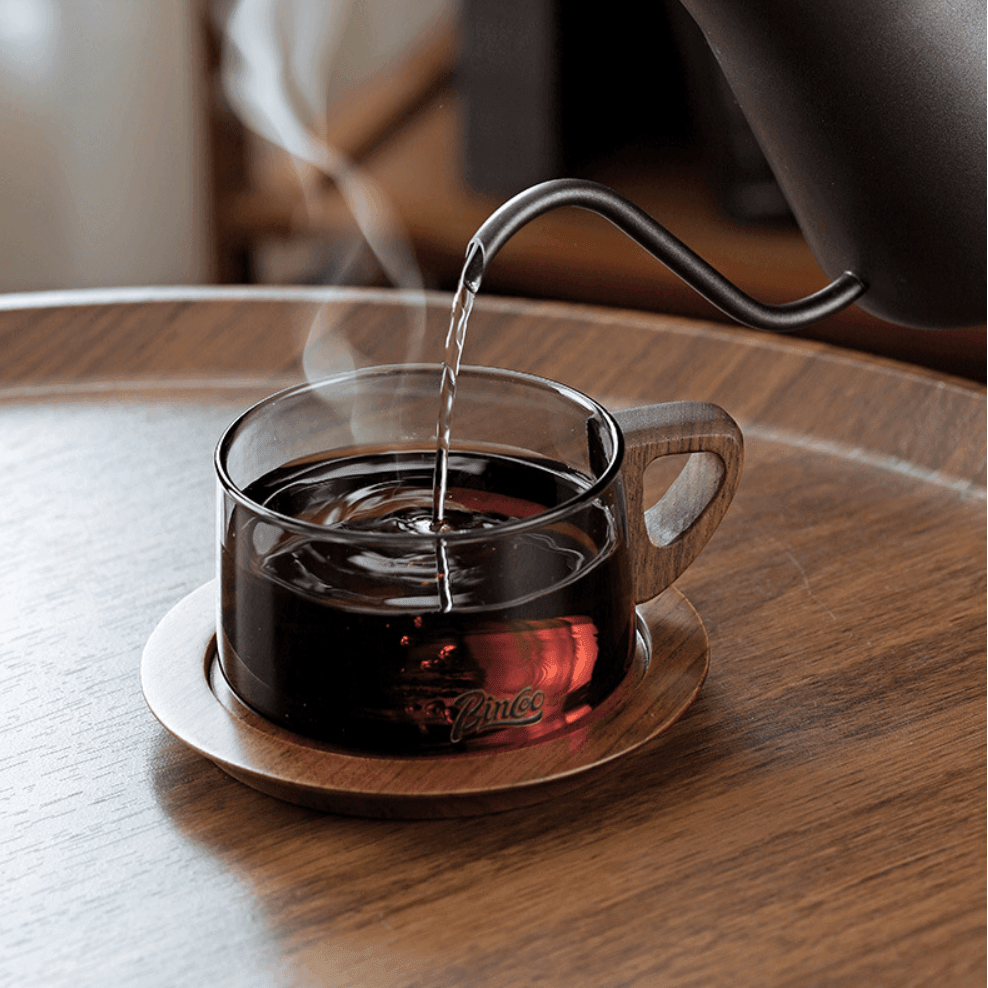 Glass Coffee Mug | Wood Handle Clear Glass Cup & Walnut Tray Set