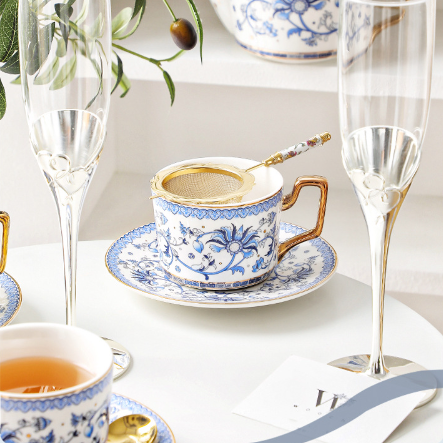 Tea Set Bone China Blue Floral Harmony Ceramic Teacup Saucer Teapot Wedding Gift Set Hand-Painted Floral