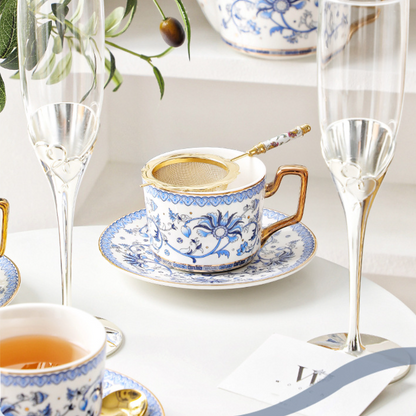 Tea Set Bone China Blue Floral Harmony Ceramic Teacup Saucer Teapot Wedding Gift Set Hand-Painted Floral
