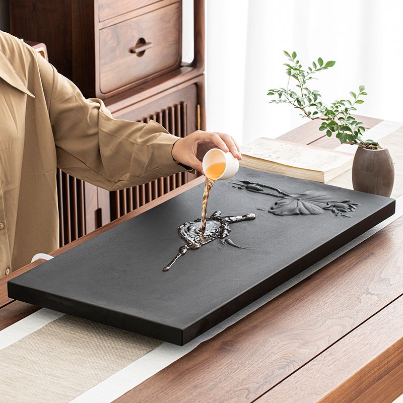 Stone Tea Tray Black Lotus Fish Engraved – 60cm Gongfu