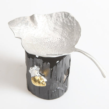 Tea Strainer with Holder Leaf Design – Tin or Clay 2 Styles