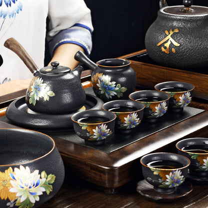 Chinese Flower Tea Set Kiln Glaze Porcelain 6 Cups