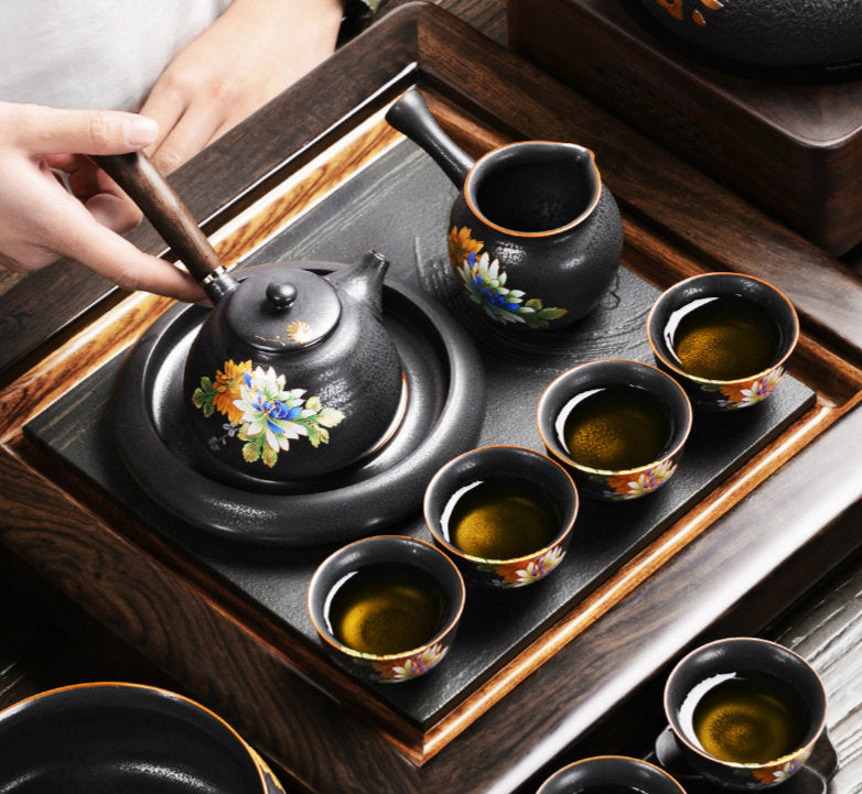 Chinese Flower Tea Set Kiln Glaze Porcelain 6 Cups