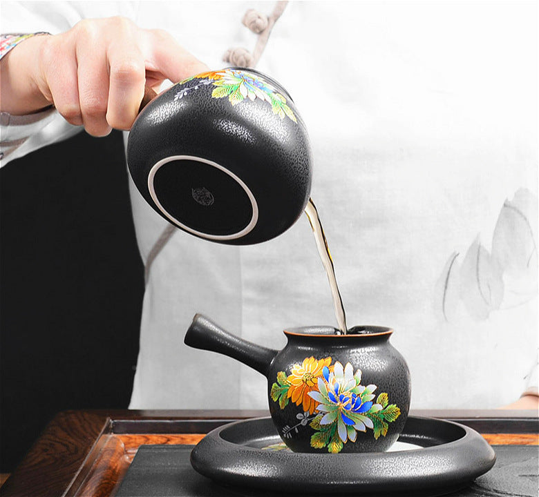 Chinese Flower Tea Set Kiln Glaze Porcelain 6 Cups