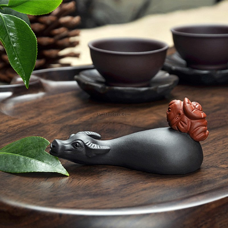 Chinese Tea Pet Yixing Purple Clay Cow Boy Figurine