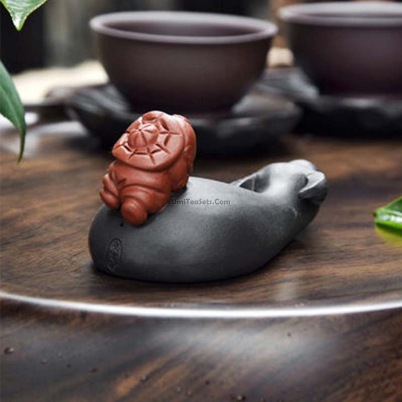 Chinese Tea Pet Yixing Purple Clay Cow Boy Figurine