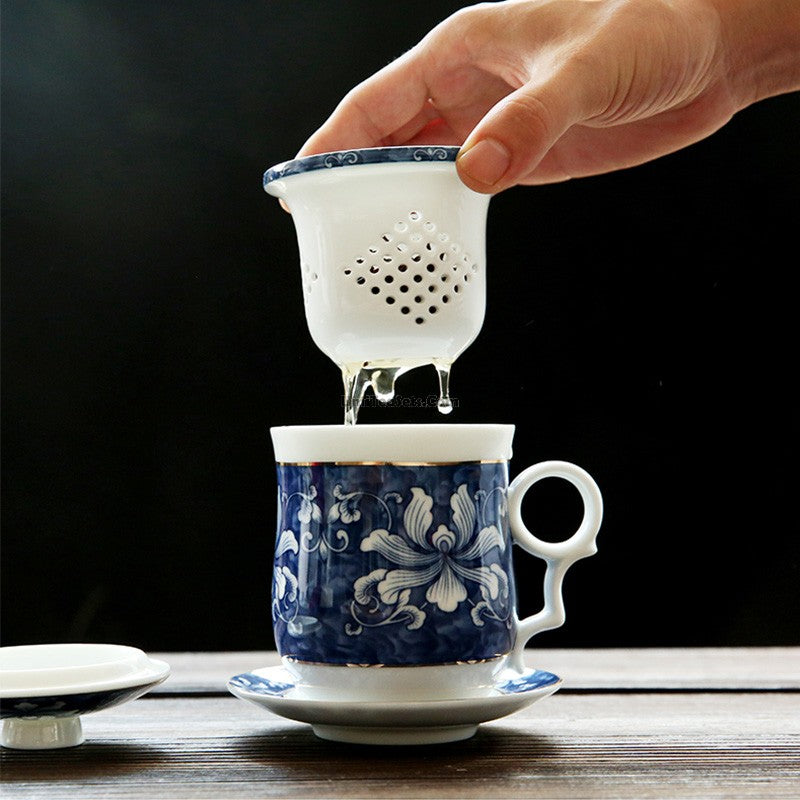 Chinese Tea Cup with Infuser | Blue White Porcelain