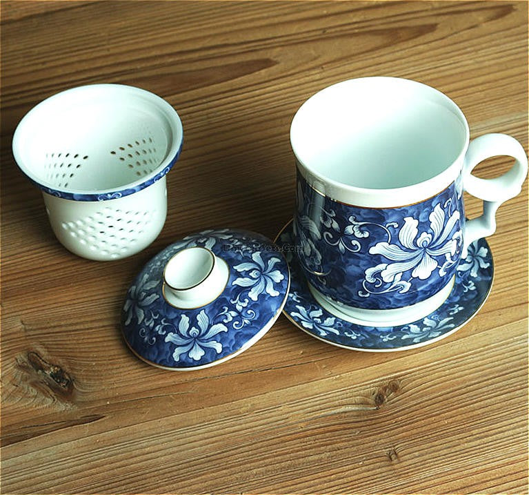 Chinese Tea Cup with Infuser | Blue White Porcelain