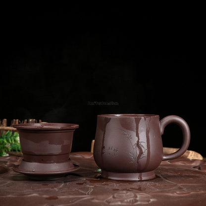 Yixing Tea Cup with Infuser Lid Purple Clay Hand-Carved 400ml