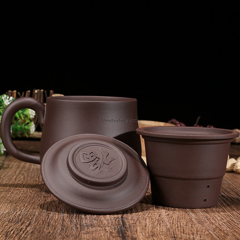 Yixing Tea Cup with Infuser Lid Purple Clay Hand-Carved 400ml