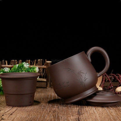 Yixing Tea Cup with Infuser Lid Purple Clay Hand-Carved 400ml