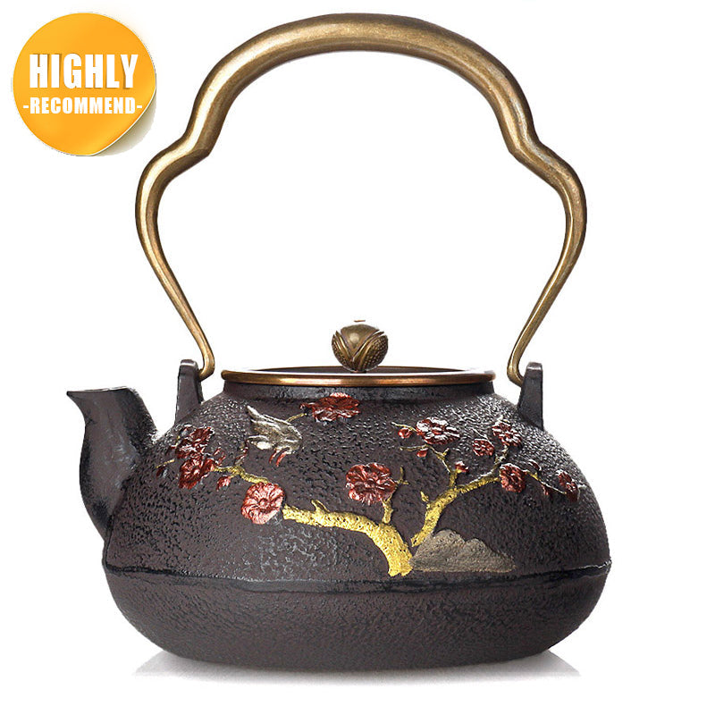 Cast Iron Teapot Japanese Magpie Plum Blossom 1400ml Tetsubin