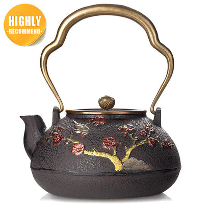 Cast Iron Teapot Japanese Magpie Plum Blossom 1400ml Tetsubin