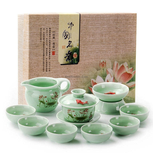 Gaiwan Tea Set | Celadon Lotus Carp Relief Dehua 6 Cups