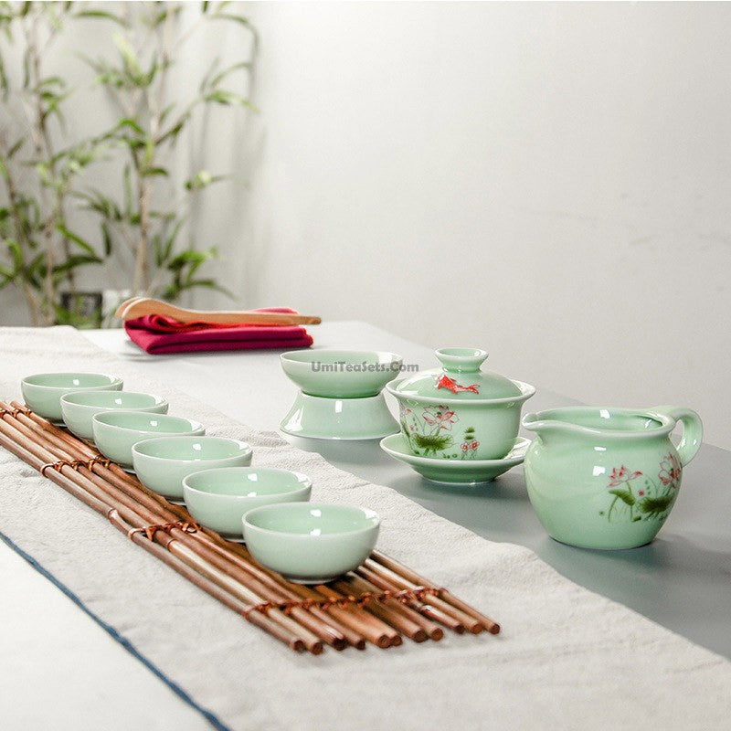 Gaiwan Tea Set | Celadon Lotus Carp Relief Dehua 6 Cups