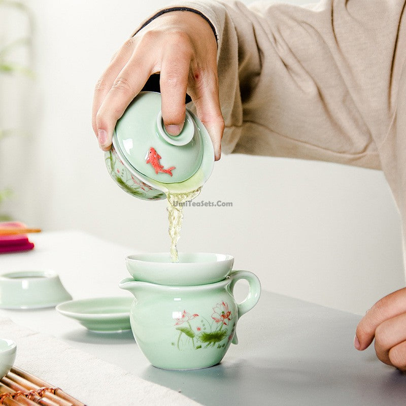 Gaiwan Tea Set | Celadon Lotus Carp Relief Dehua 6 Cups