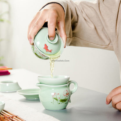 Gaiwan Tea Set | Celadon Lotus Carp Relief Dehua 6 Cups