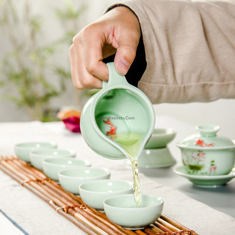 Gaiwan Tea Set | Celadon Lotus Carp Relief Dehua 6 Cups